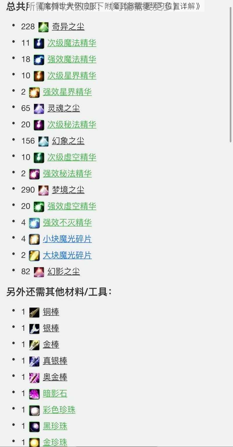 《魔兽世界怀旧服:附魔武器敏捷学习位置详解》